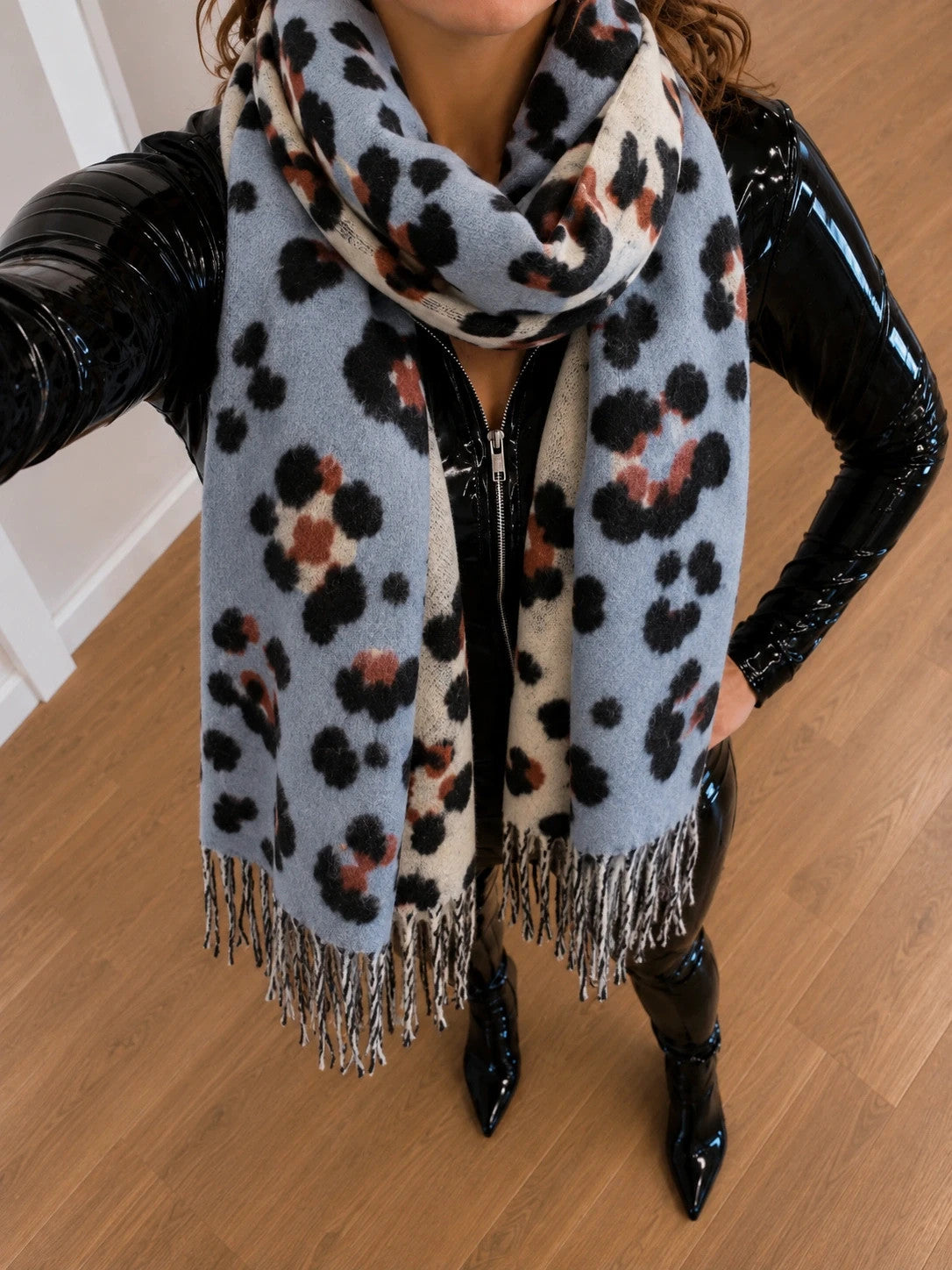 XXL multi shawl with leopard print in light blue, cream, and rust, featuring fringes.