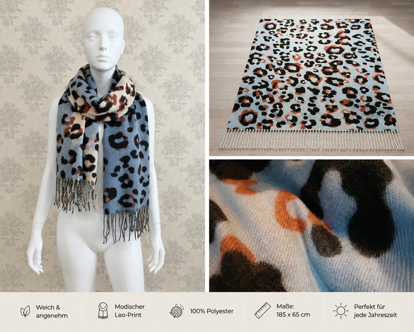 XXL multi shawl with leopard print in light blue, cream, and rust, featuring fringes.