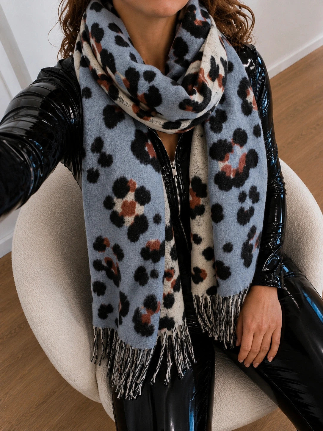 XXL multi shawl with leopard print in light blue, cream, and rust, featuring fringes.