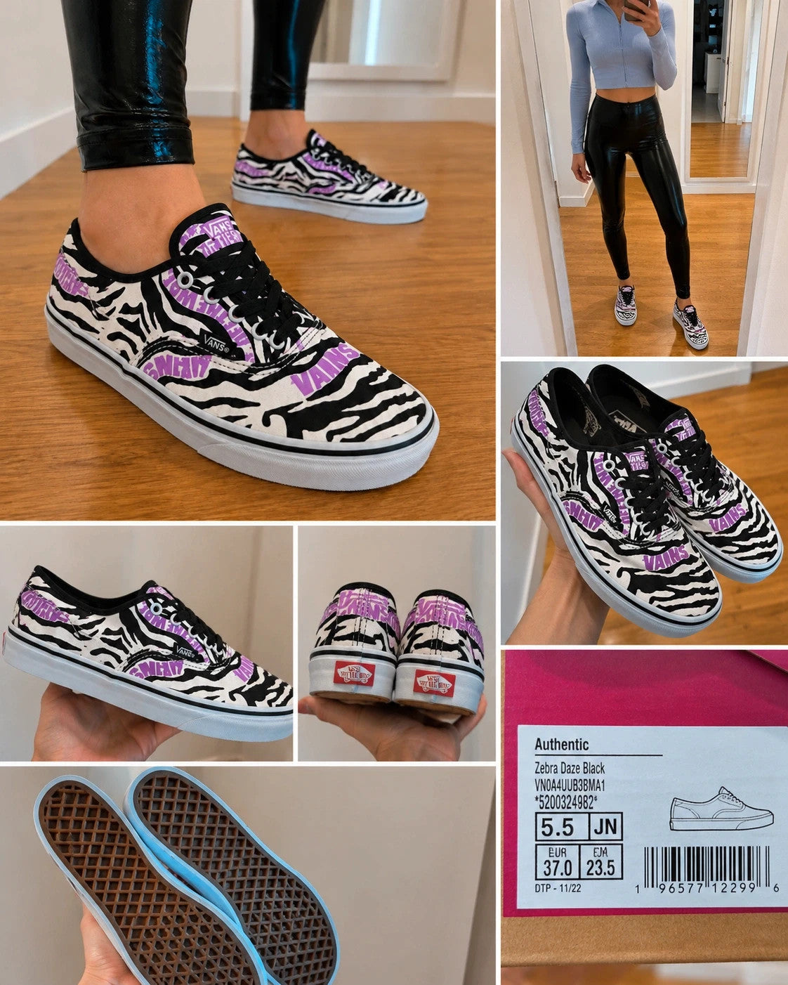 VANS trainers black white zebra print with pink logo and black laces.