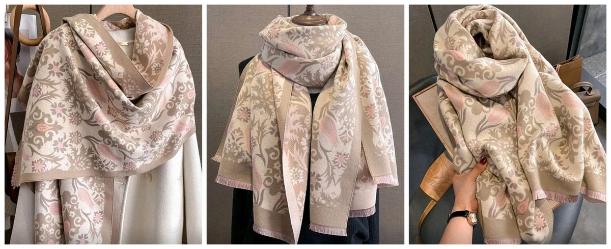 XXL shawl beige pink floral pattern soft 100% polyester large size
