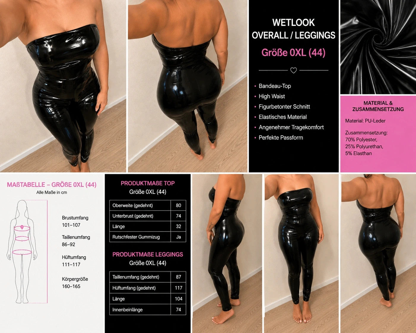 XXL black jumpsuit shiny wetlook finish strapless figure-hugging design