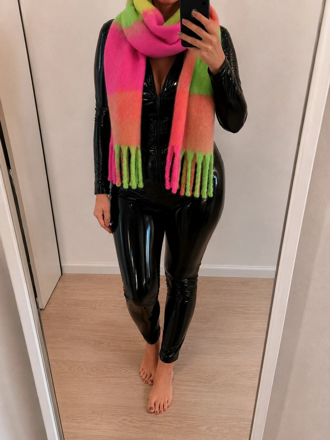 XXL multi shawl soft plush texture with long fringes in pink, green, and orange.