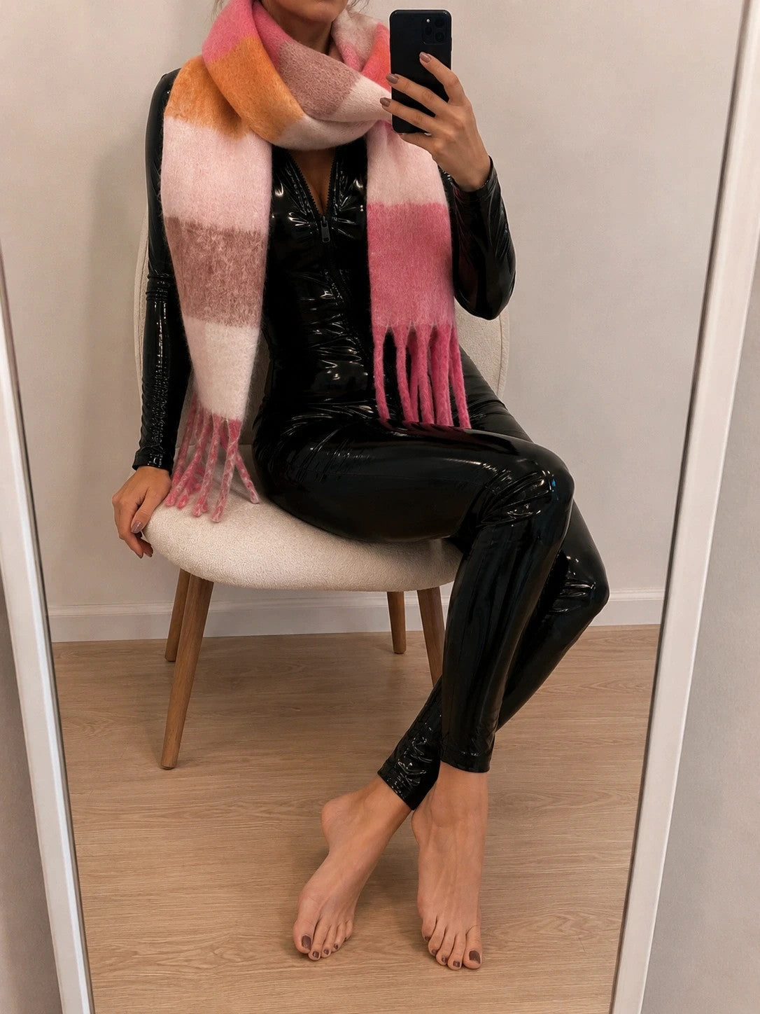 XXL multi-coloured scarf in pink, beige, and orange with long fringes, soft polyester.