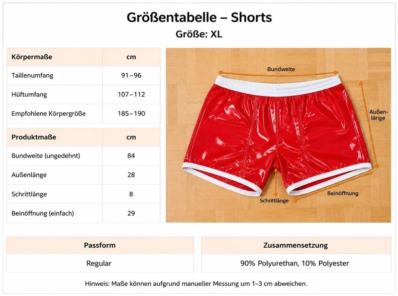 Herren red shorts with white contrast, glossy wetlook material, elastic waistband.