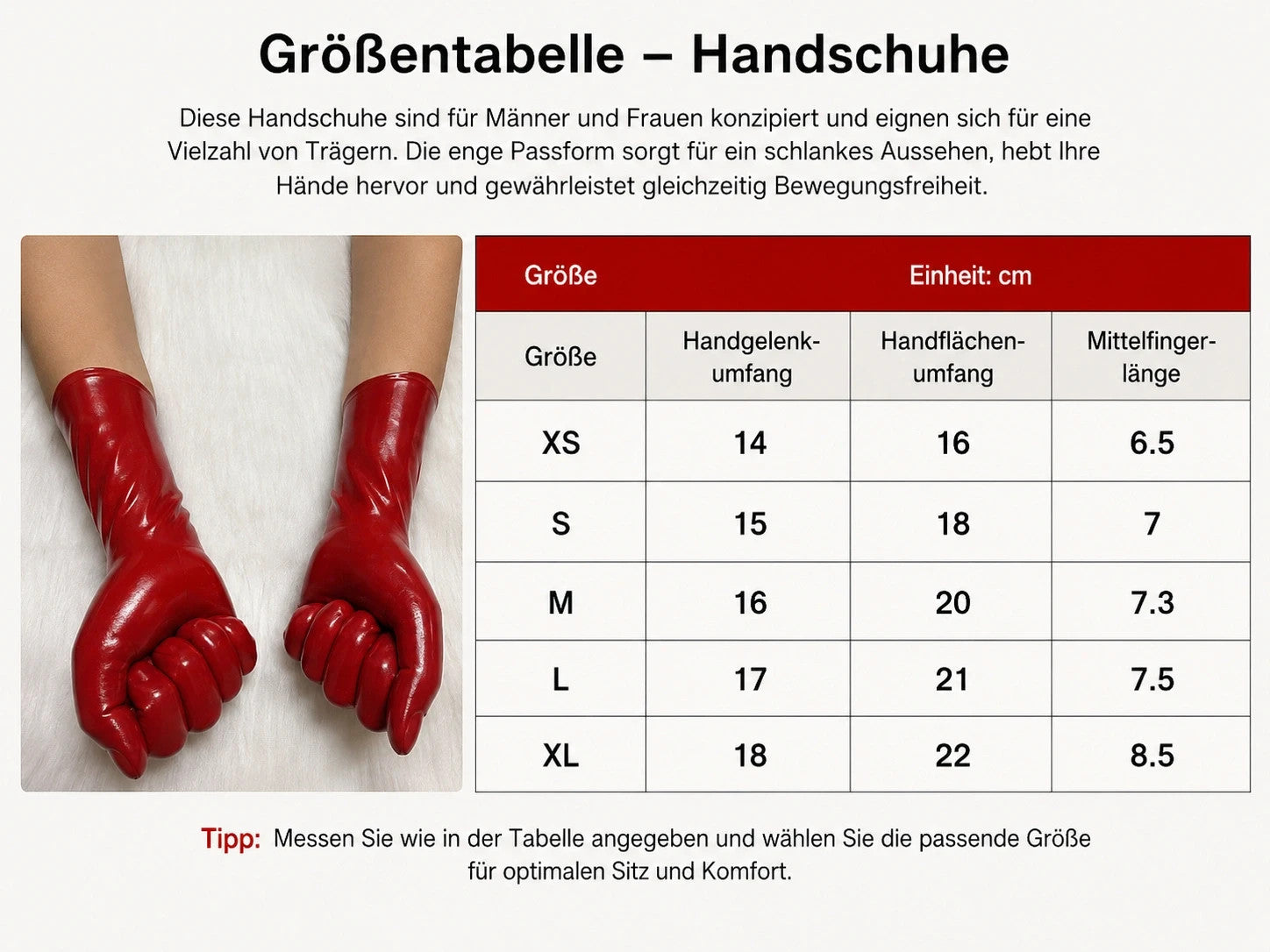 Herren red latex gloves with shiny finish, long design, form-fitting style.