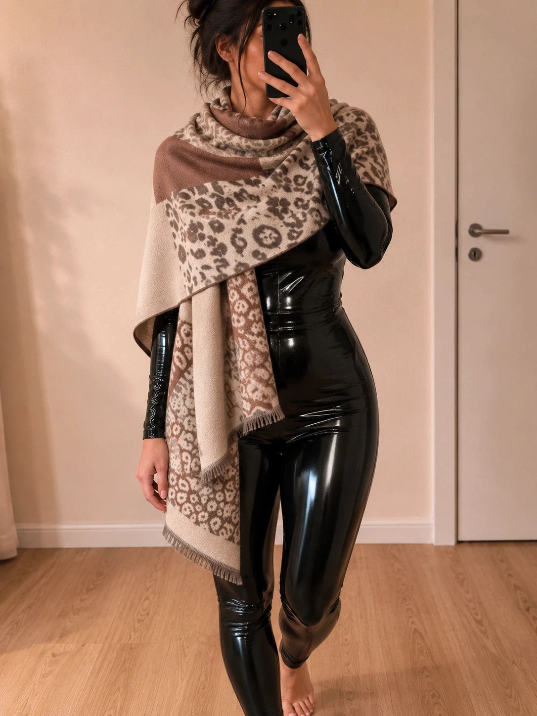 XXL beige brown scarf with leopard print pattern and fringes, soft polyester material.