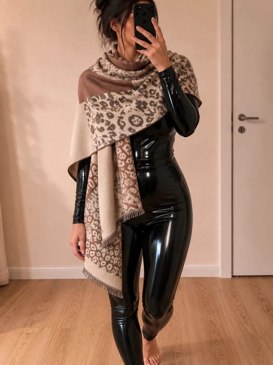 XXL beige brown scarf with leopard print pattern and fringes, soft polyester material.