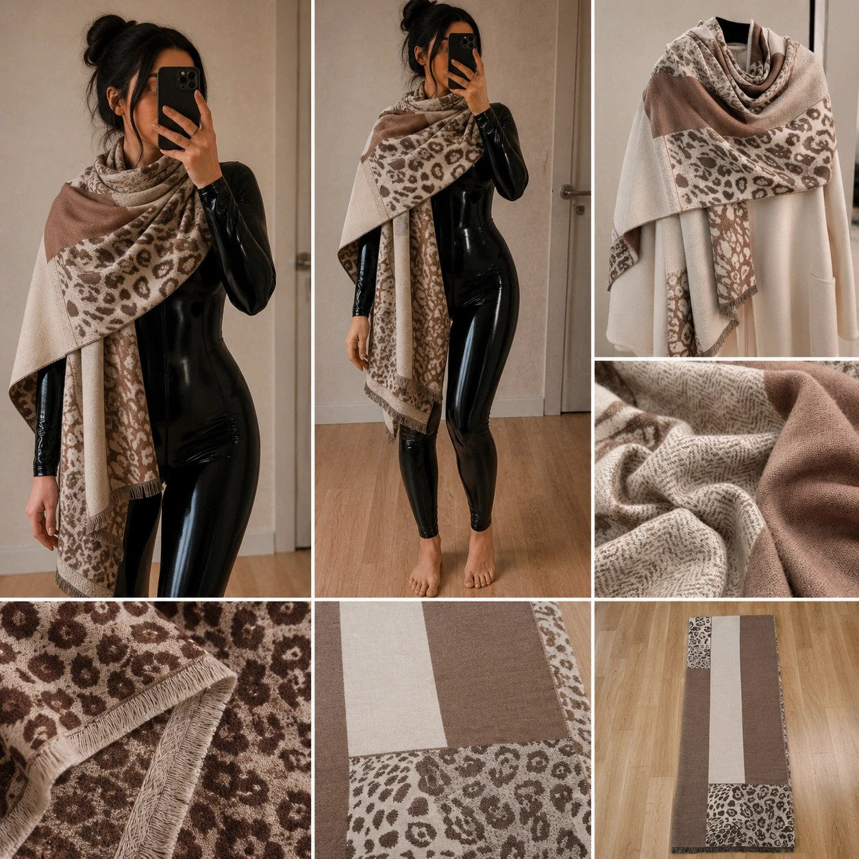 XXL beige brown scarf with leopard print pattern and fringes, soft polyester material.