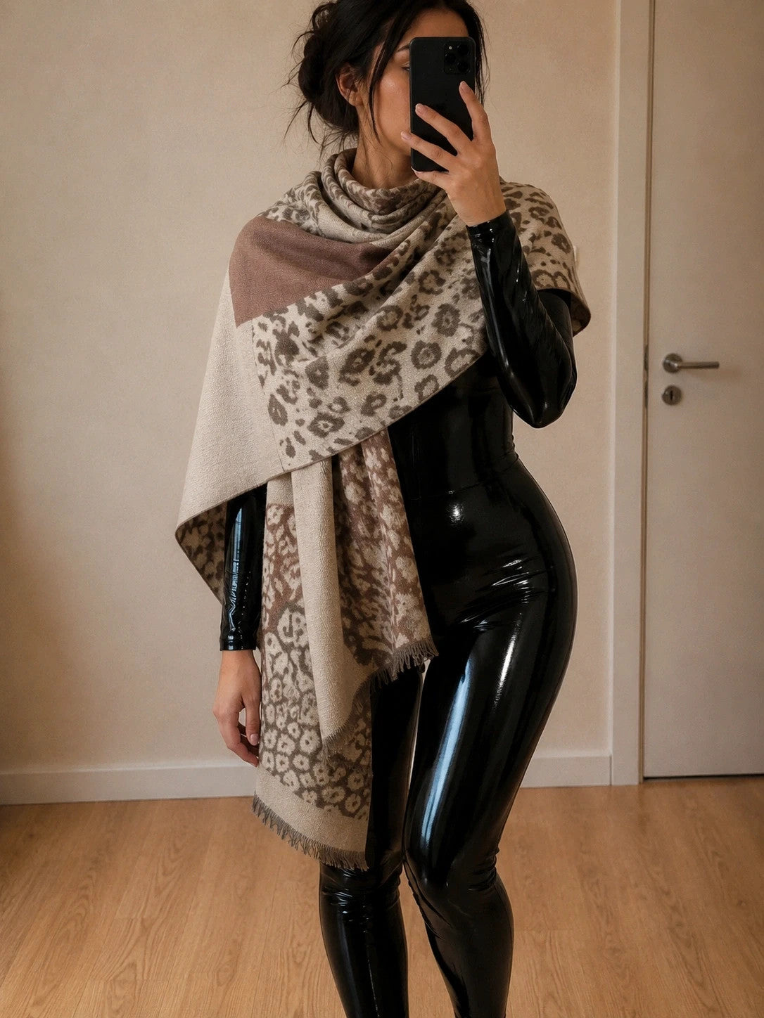 XXL beige brown scarf with leopard print pattern and fringes, soft polyester material.