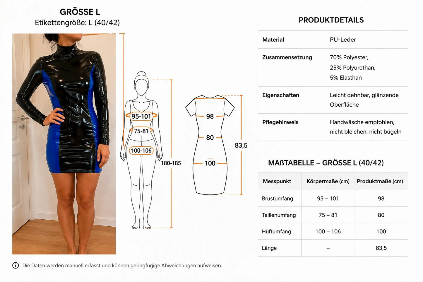 CKS black and blue bandage dress, glossy PU leather, long sleeves, high collar.