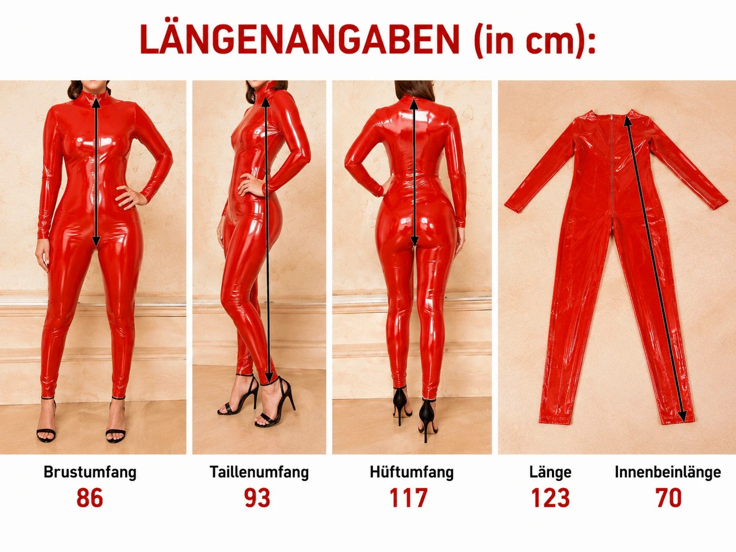 REI red wetlook overall with high collar and full zipper, figure-hugging fit.