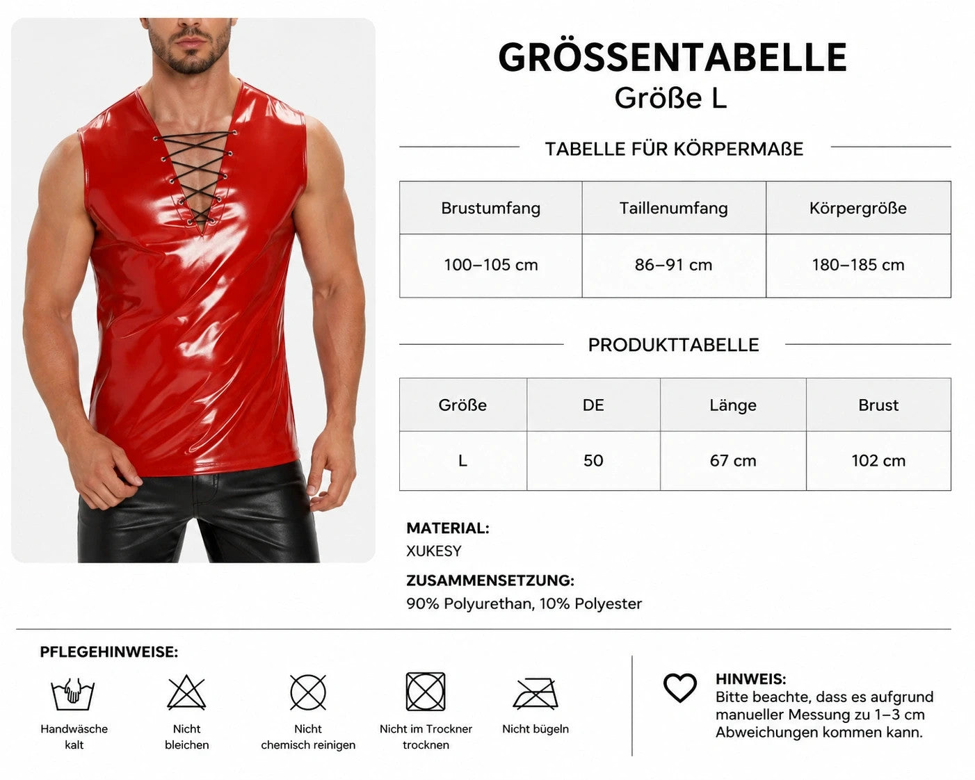 Herren red sleeveless shirt with shiny wetlook finish and black lace-up neckline.