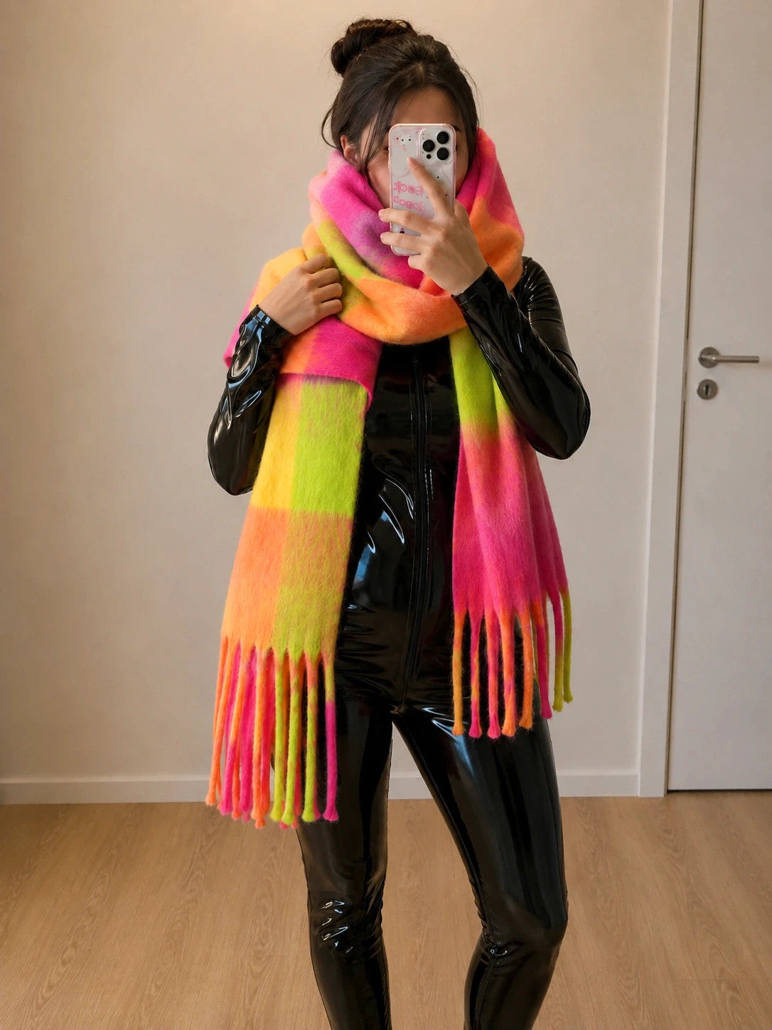 XXL multi-coloured scarf in neon pink, orange, green with fringe and check pattern.