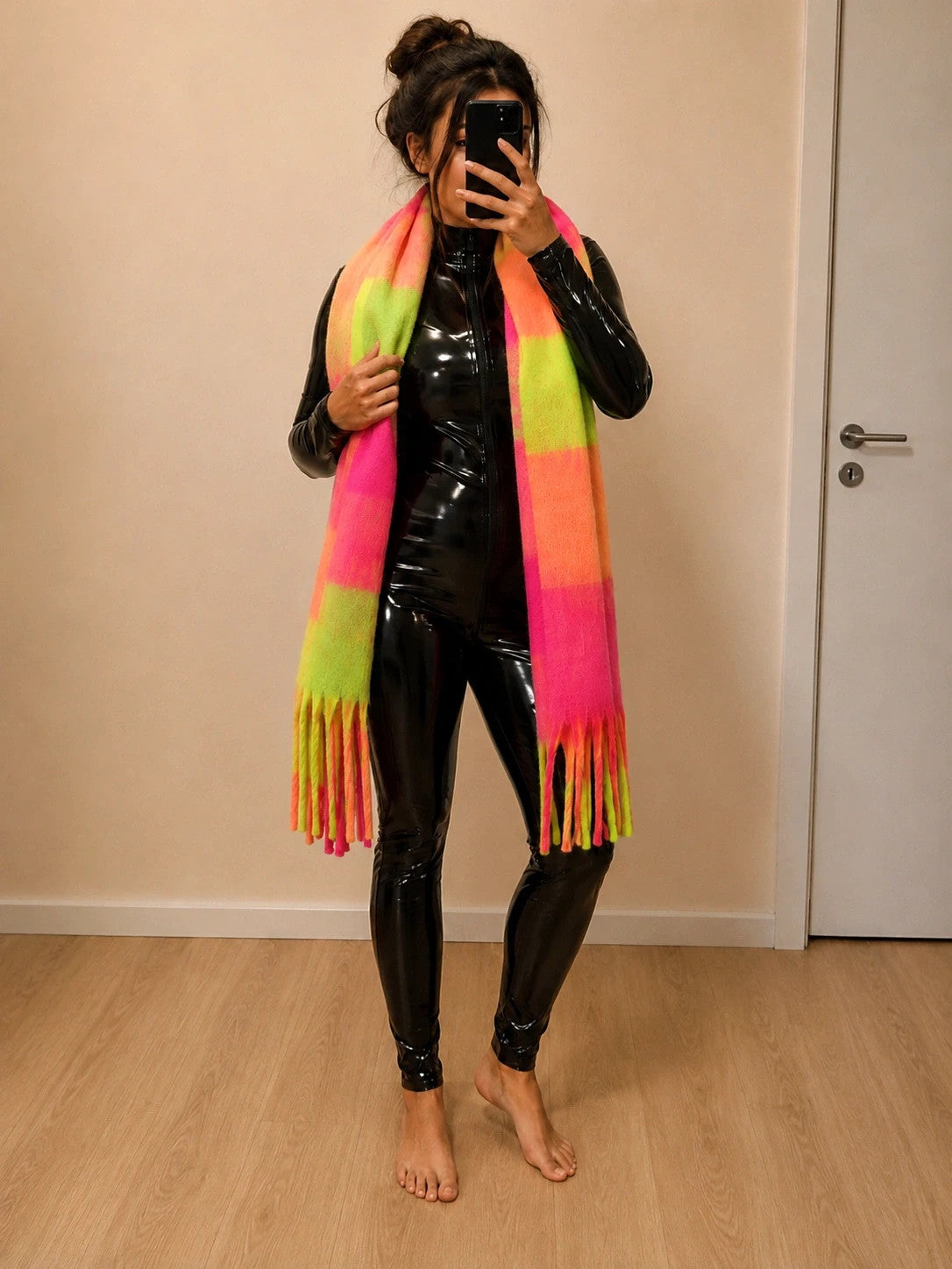 XXL multi-coloured scarf in neon pink, orange, green with fringe and check pattern.