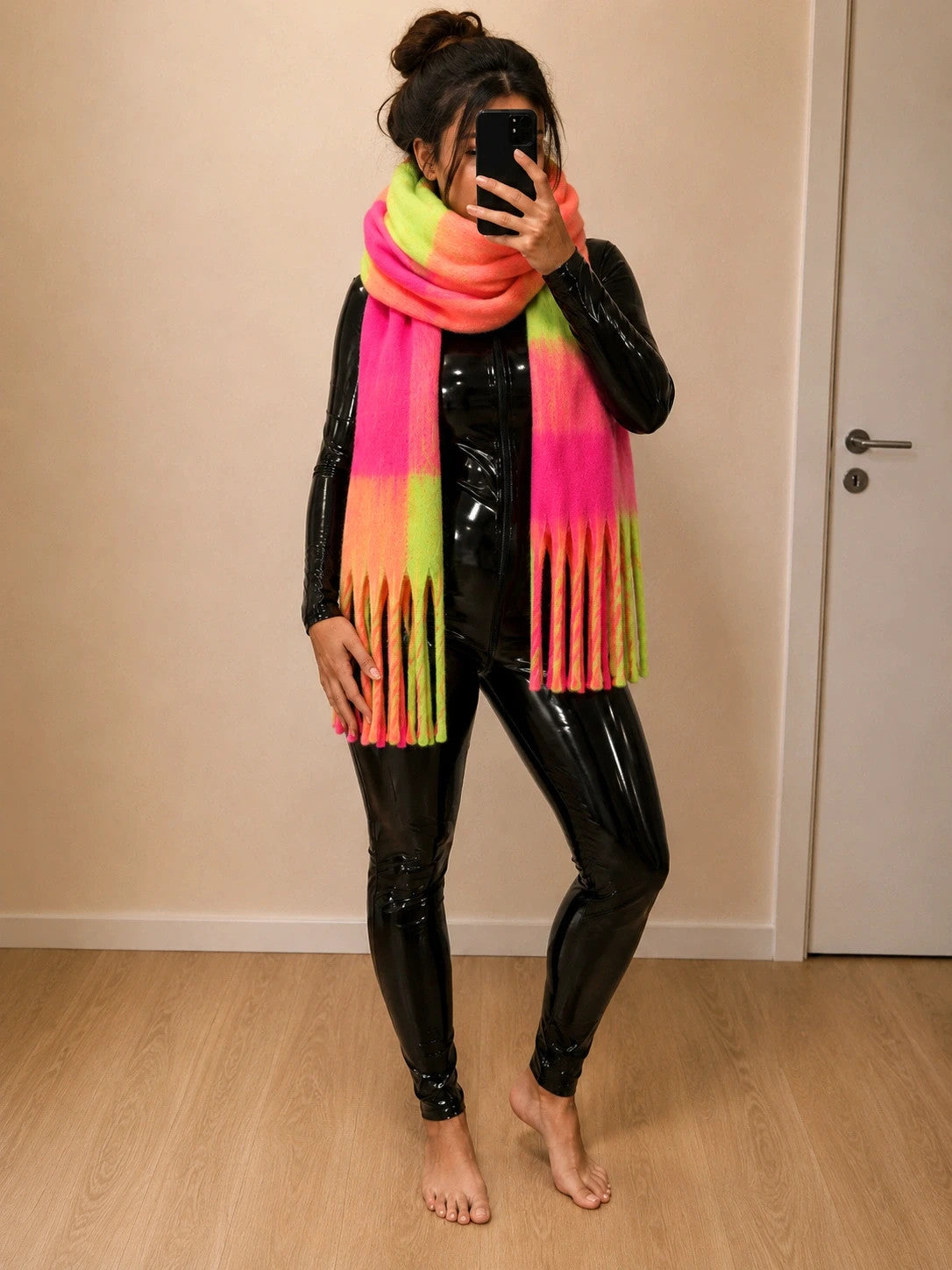 XXL multi-coloured scarf in neon pink, orange, green with fringe and check pattern.