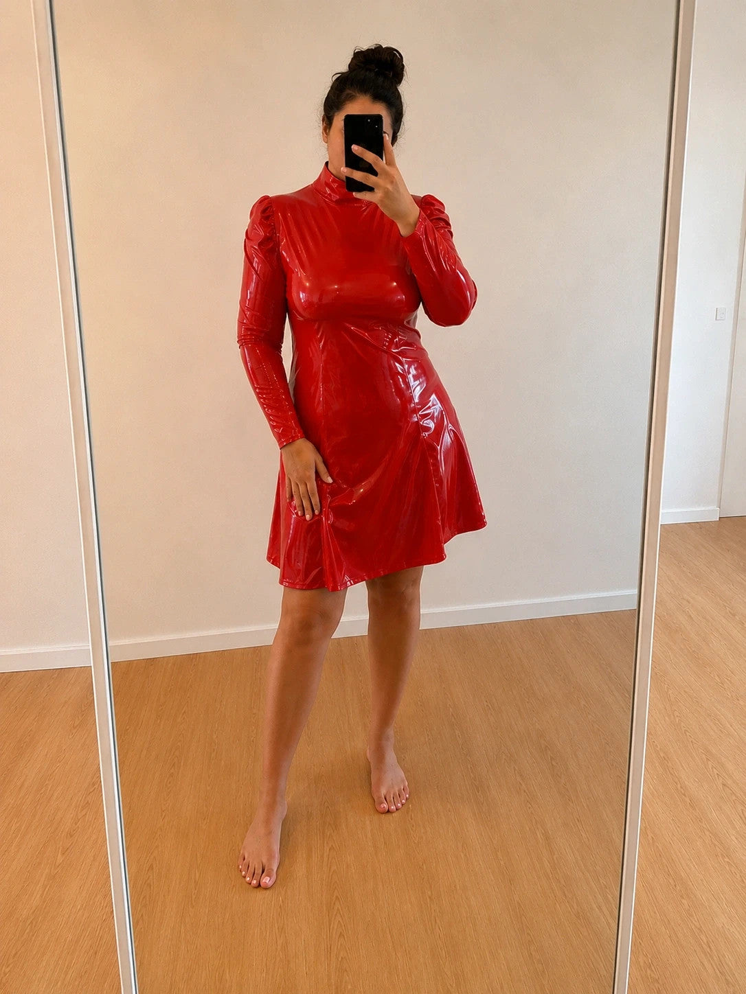 ALS red midi dress with glossy wetlook finish, high collar, and puff sleeves.