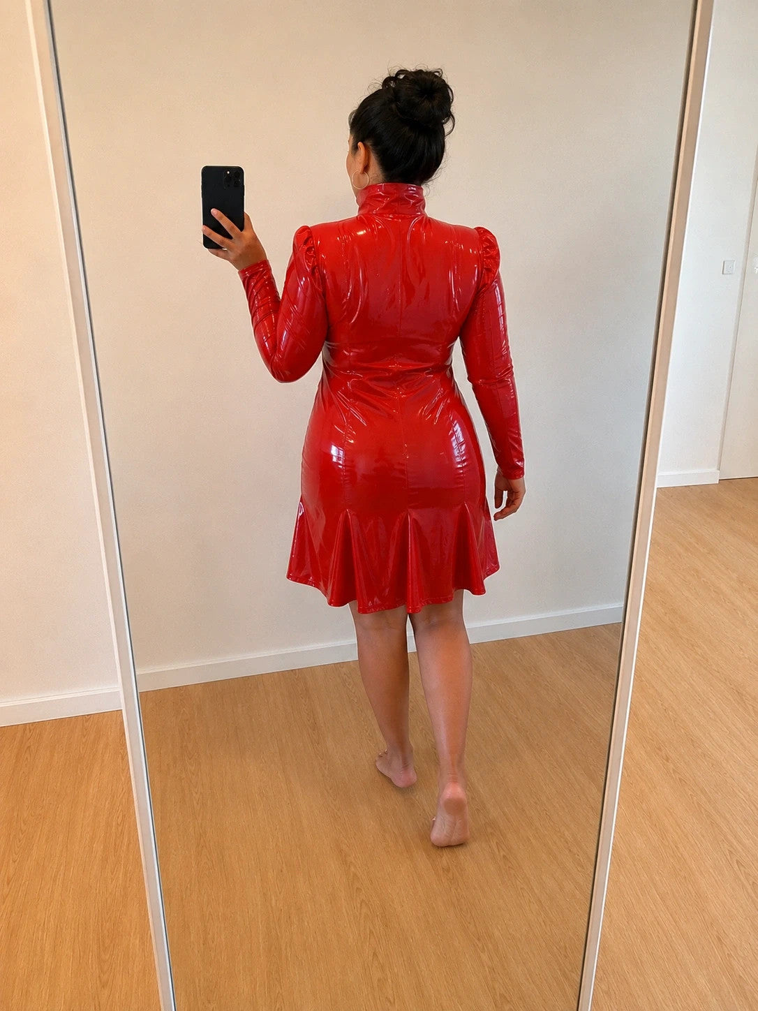 ALS red midi dress with glossy wetlook finish, high collar, and puff sleeves.