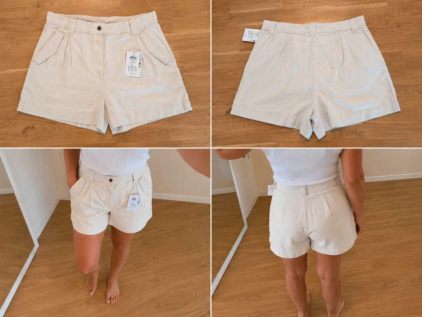 ONLY beige shorts high waist button closure side pockets decorative flaps 100% cotton