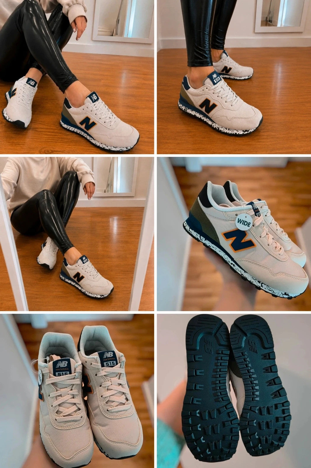 New Balance beige trainers with dark accents, textile and synthetic materials.