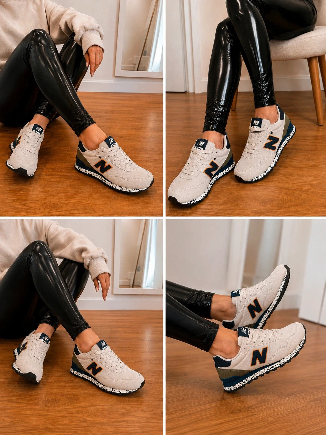 New Balance beige trainers with dark accents, textile and synthetic materials.