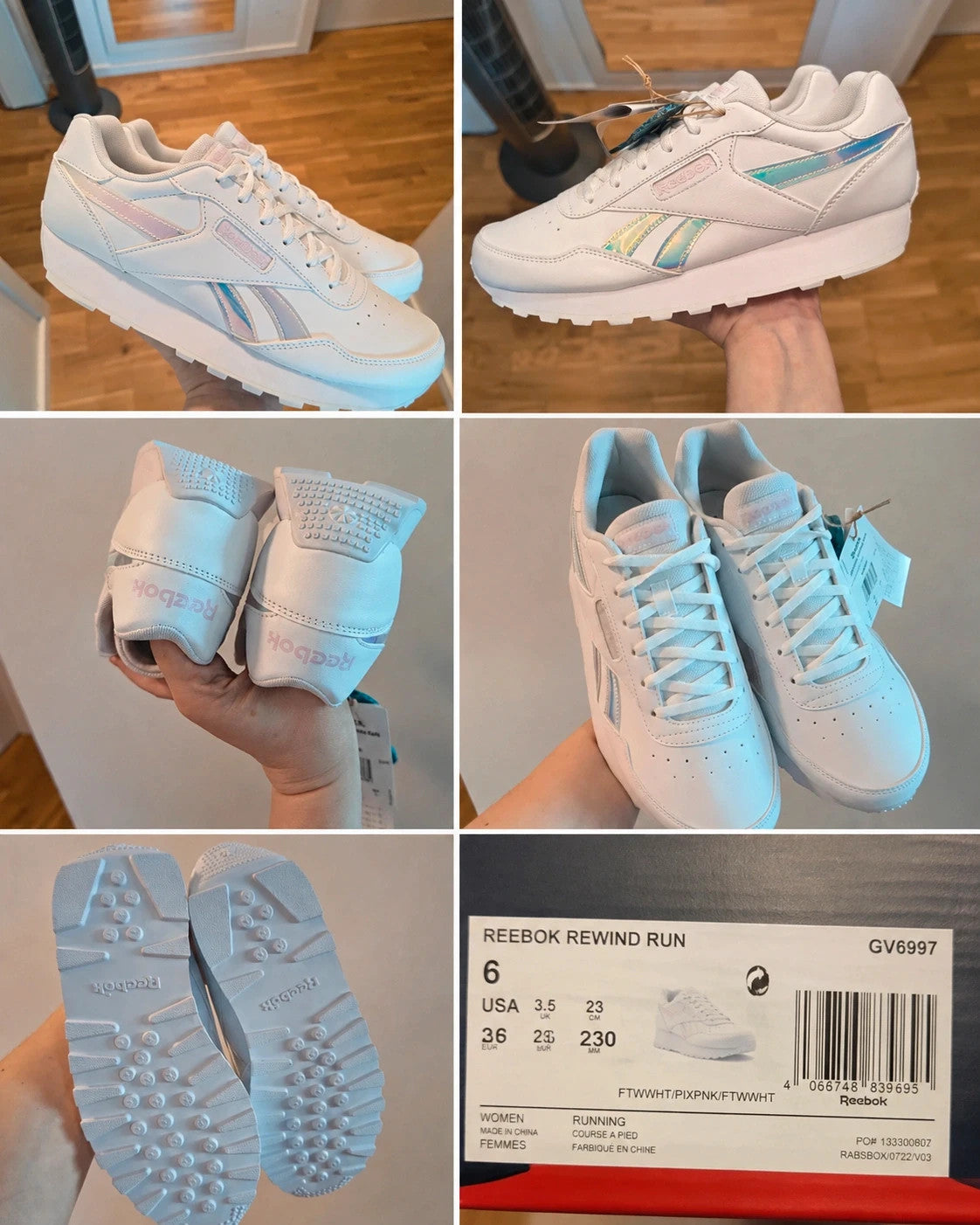 Reebok white trainers with iridescent accents and logo, synthetic material, size 36.