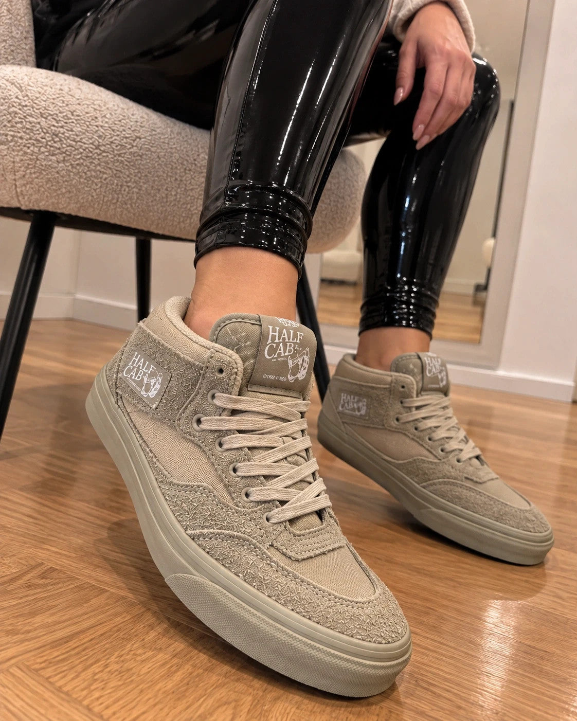 VANS beige khaki trainers leather Half Cab logo and details, nearly unworn condition.