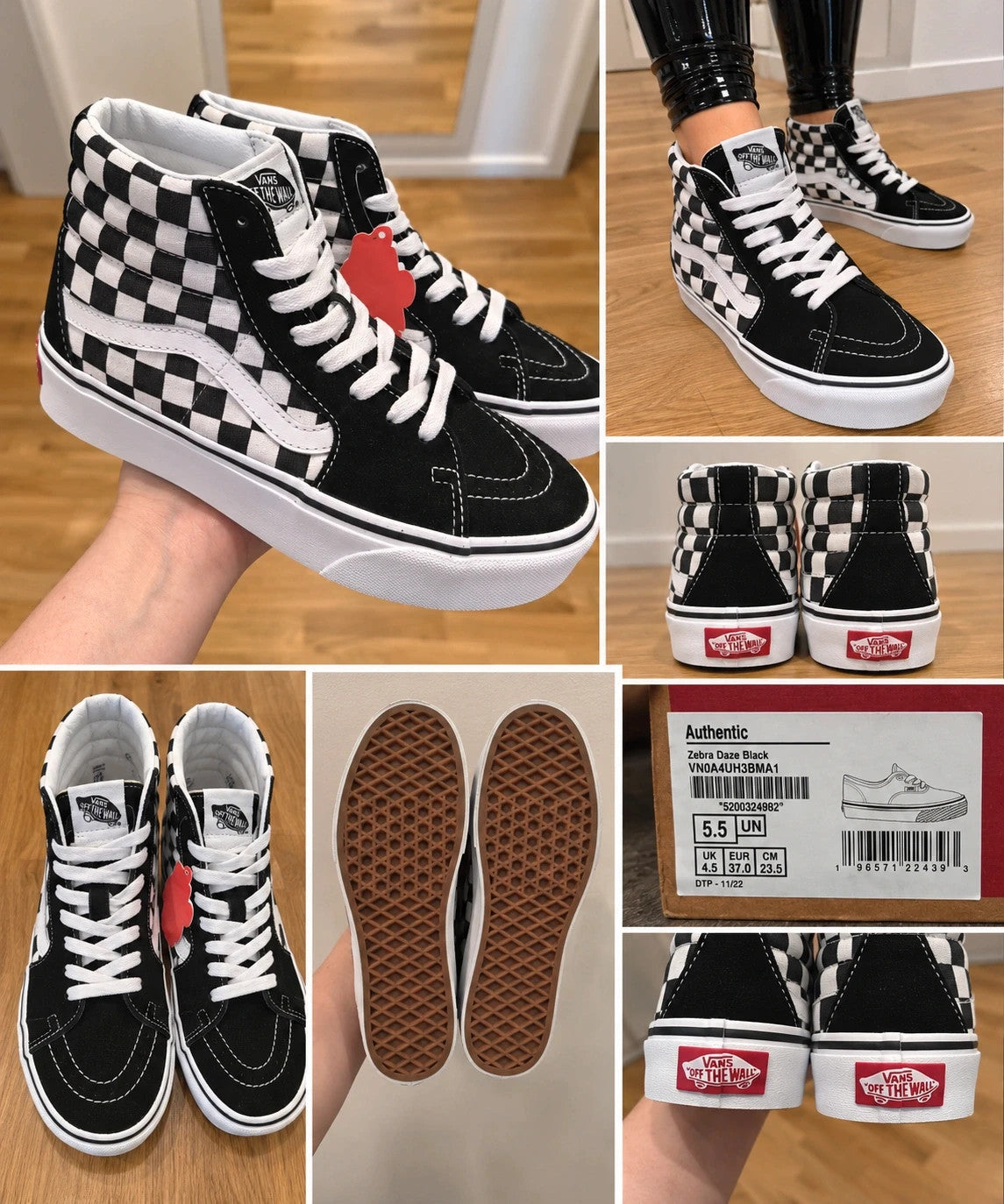 VANS black and white checkerboard high-top trainers with classic side stripe and leather material.