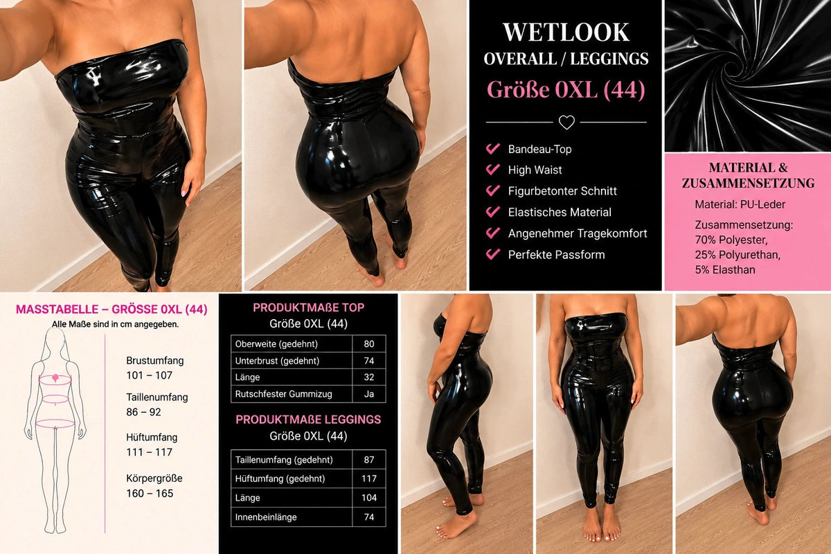 Eine black jumpsuit bandeau style glossy wetlook material figure-hugging fit