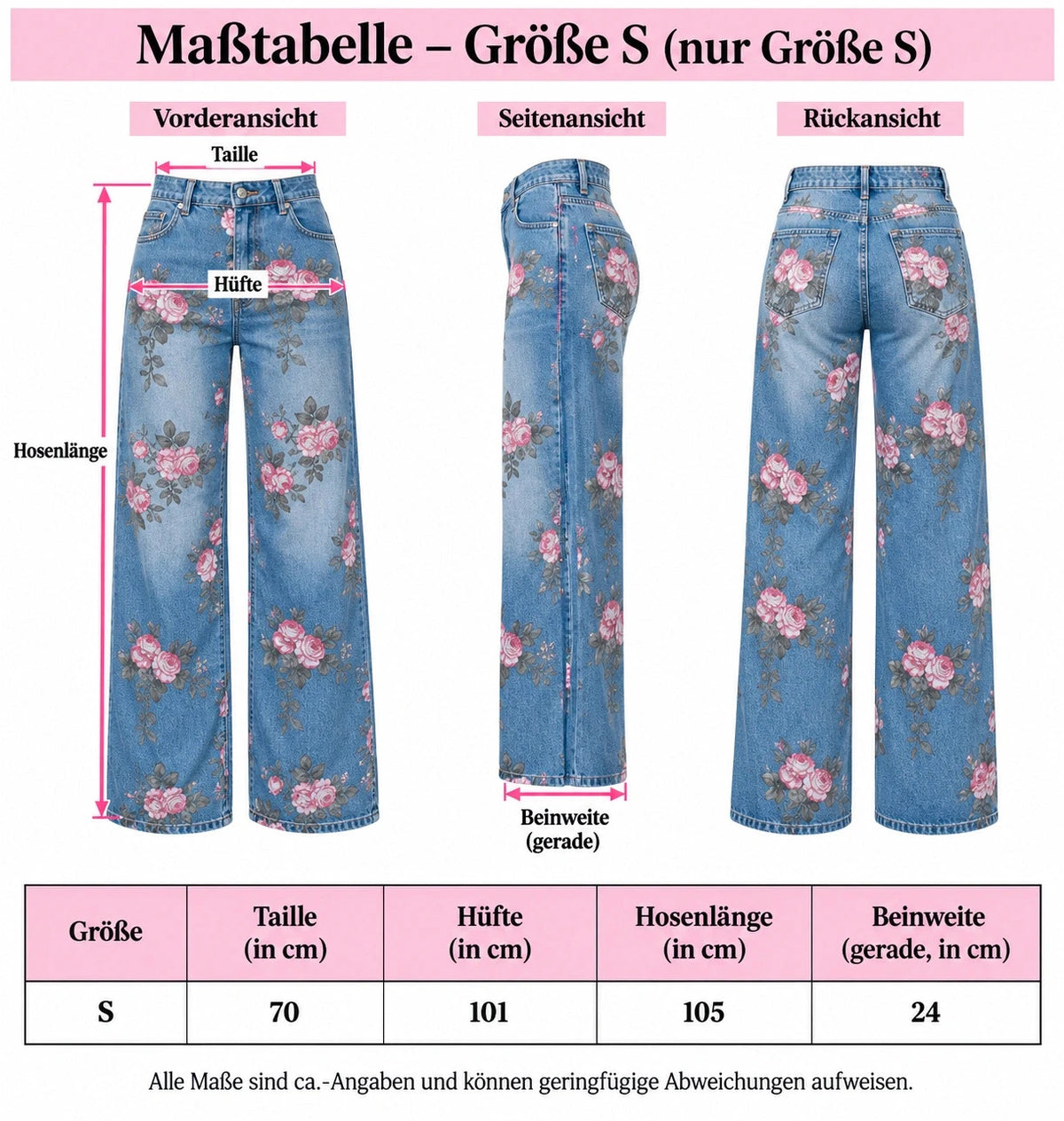 REI blue straight jeans with pink floral pattern and classic button closure.