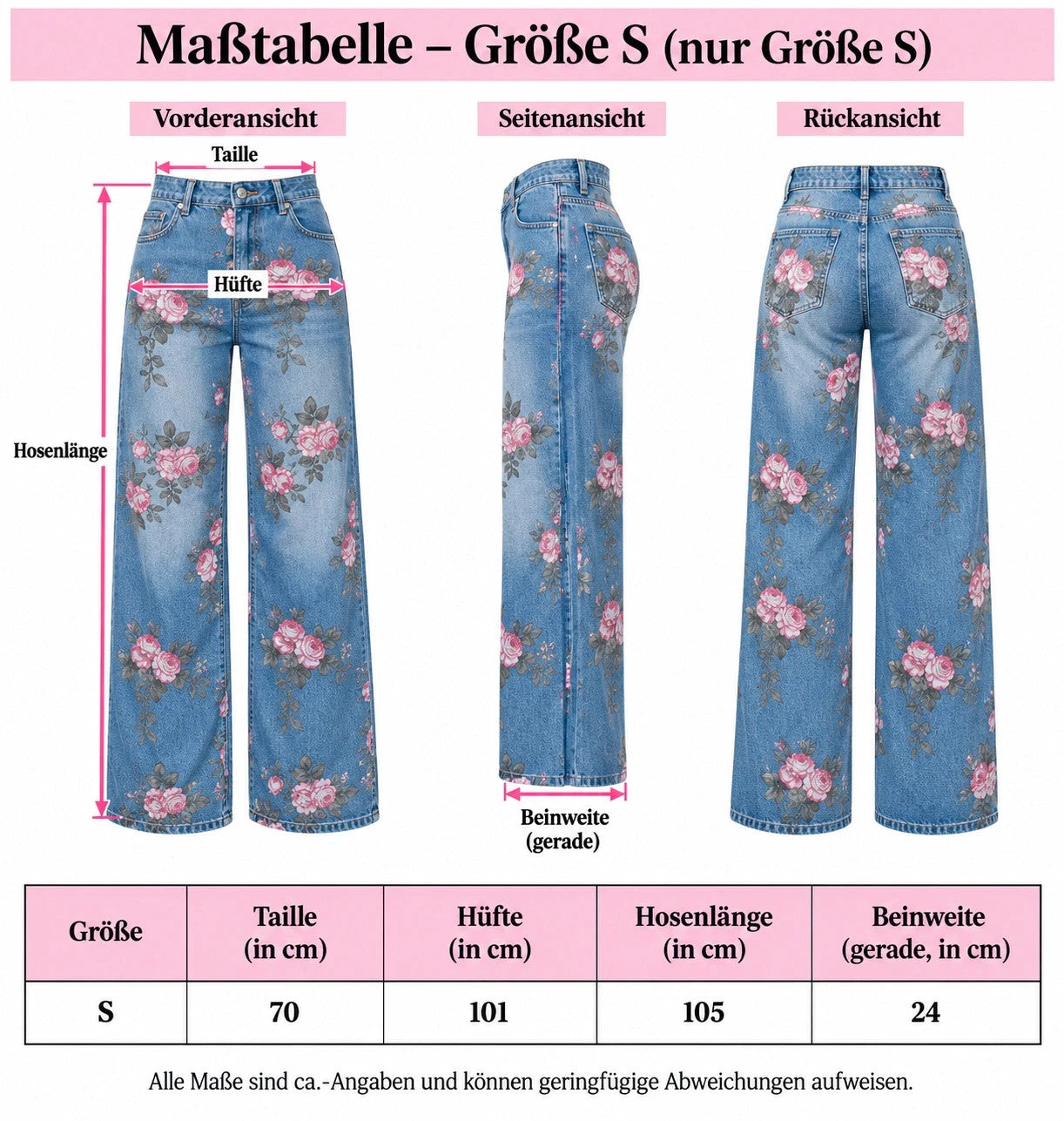 REI blue straight jeans with pink floral pattern and classic button closure.