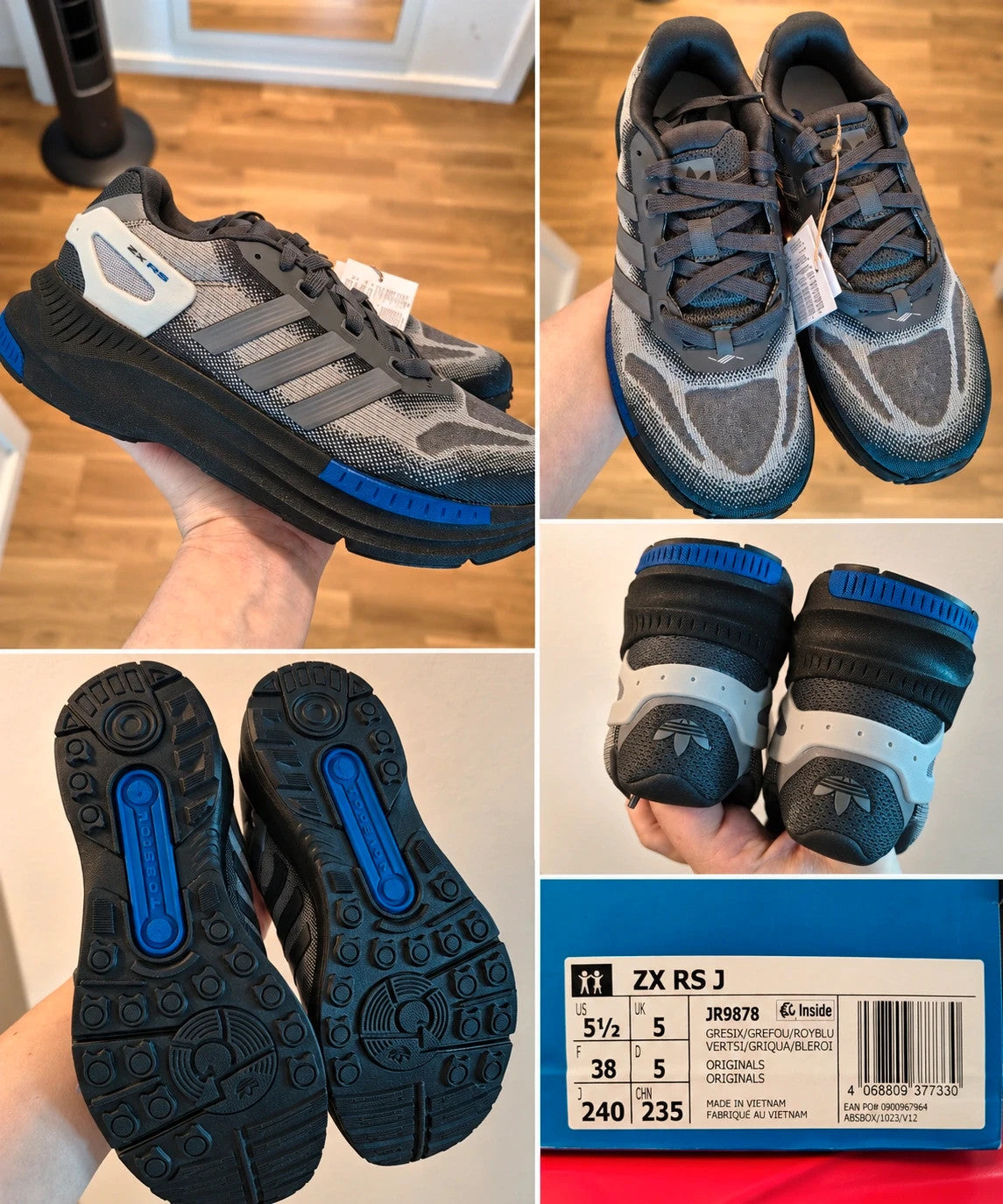 Adidas trainers grey black with blue accents, sporty design and distinctive sole.
