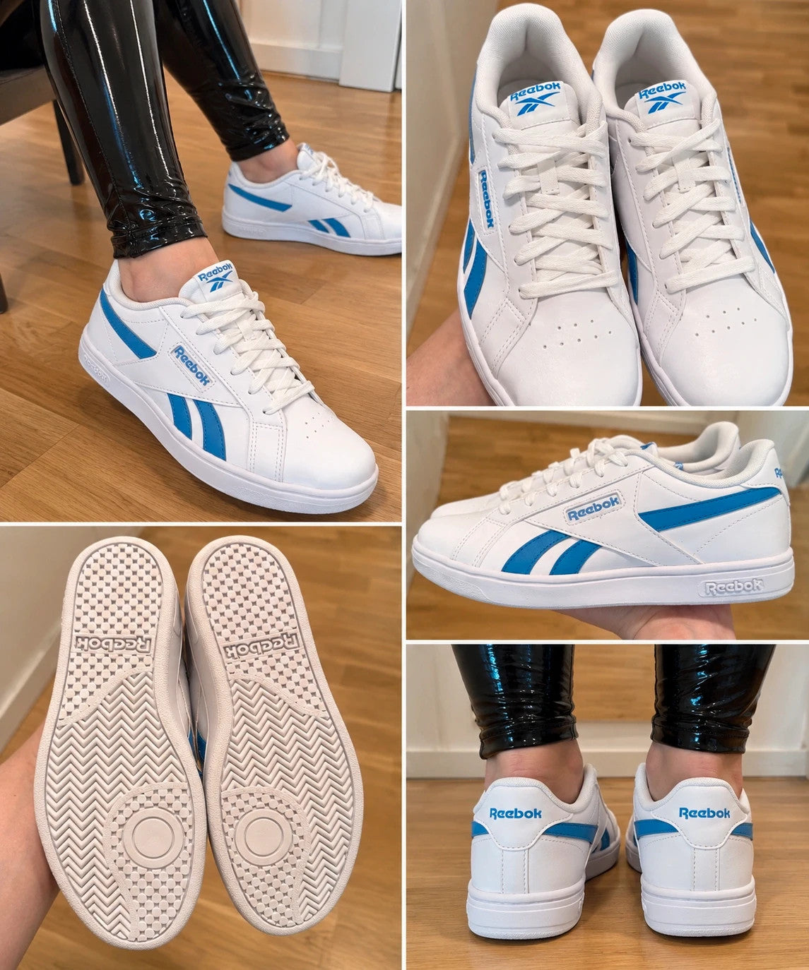 Reebok kids trainers white with blue details, classic lace-up design, synthetic material.