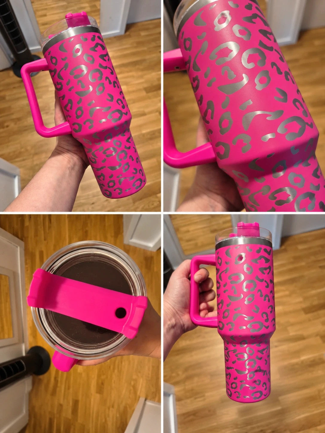 Thermoskanne pink tumbler with silver leopard print and handle, 1200 ml capacity.