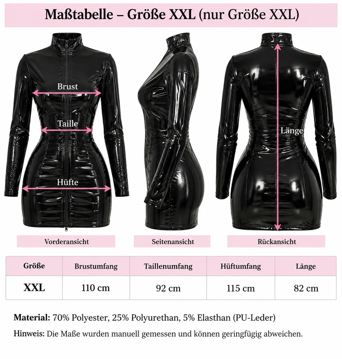 XXL black bandage dress high-gloss wetlook with long sleeves and front zipper.