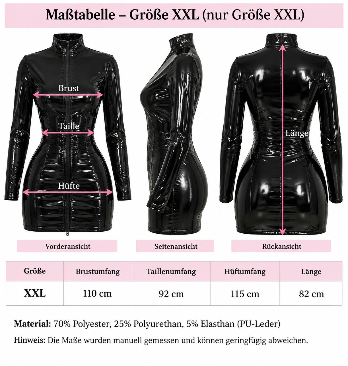 XXL black bandage dress high-gloss wetlook with long sleeves and front zipper.
