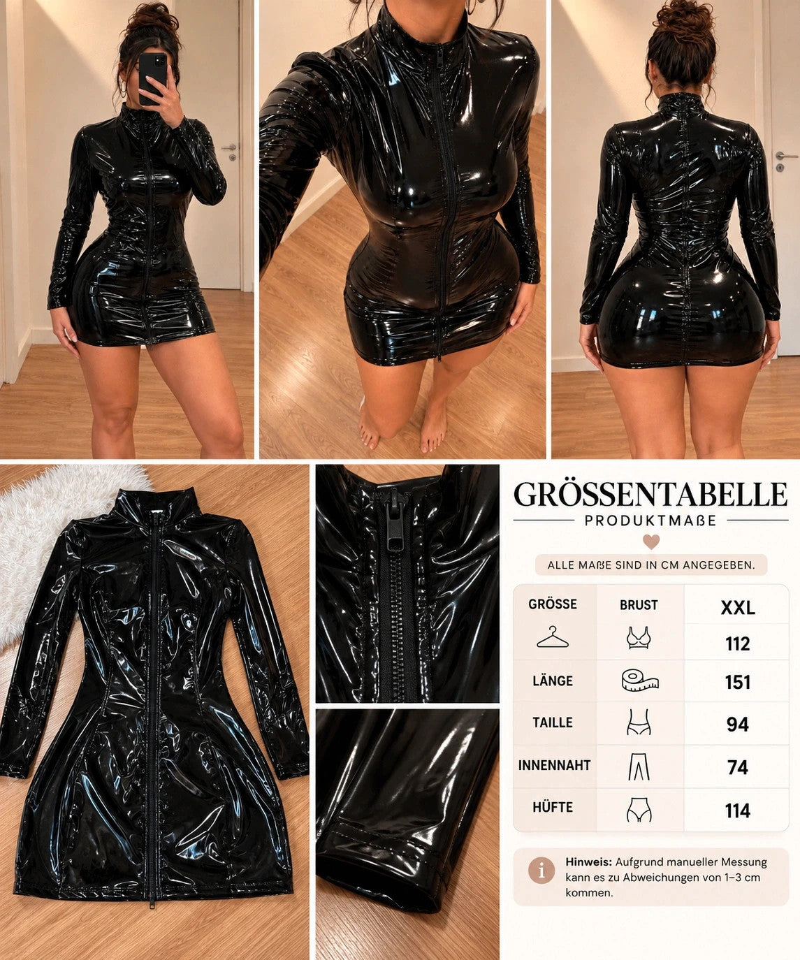 XXL black bandage dress high-gloss wetlook with long sleeves and front zipper.