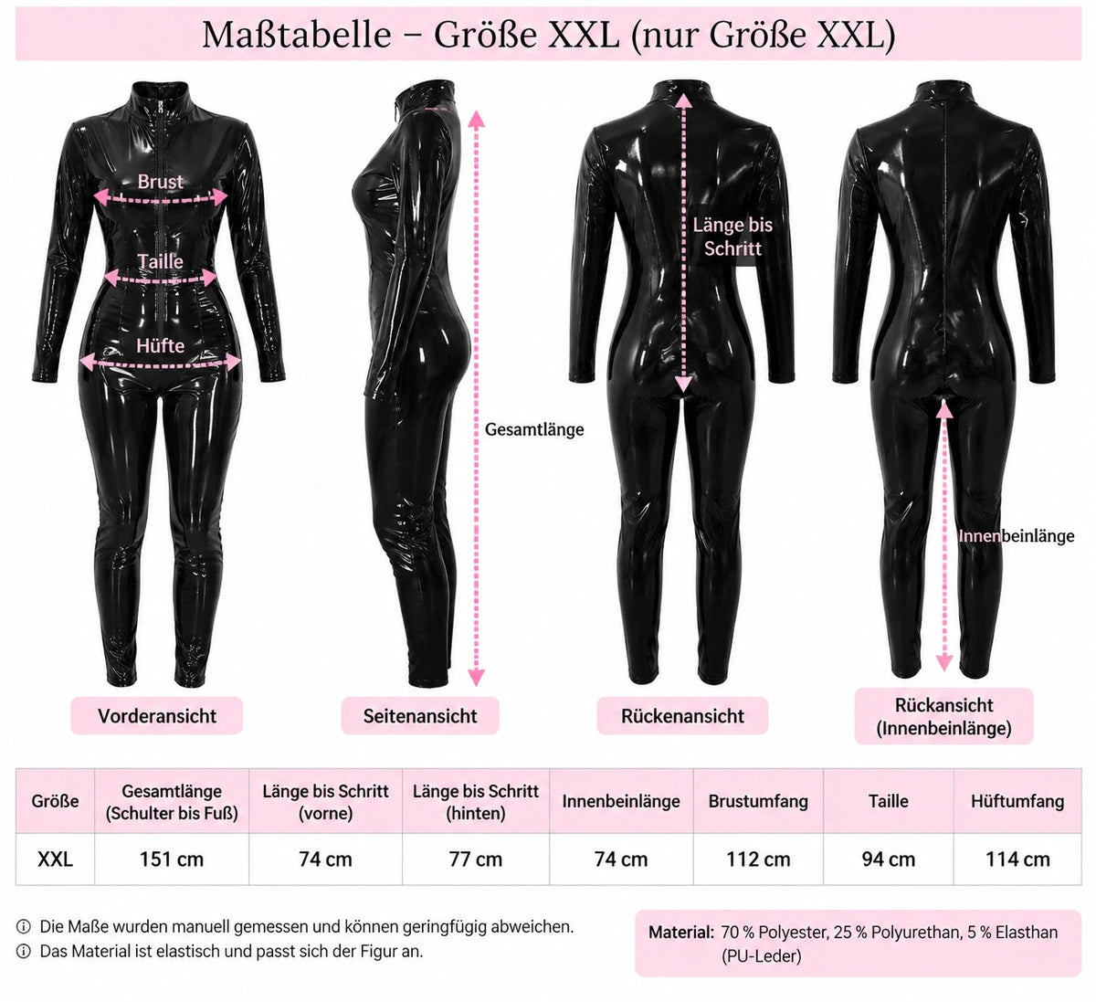 XXL black jumpsuit wetlook finish high collar zip closure long sleeves