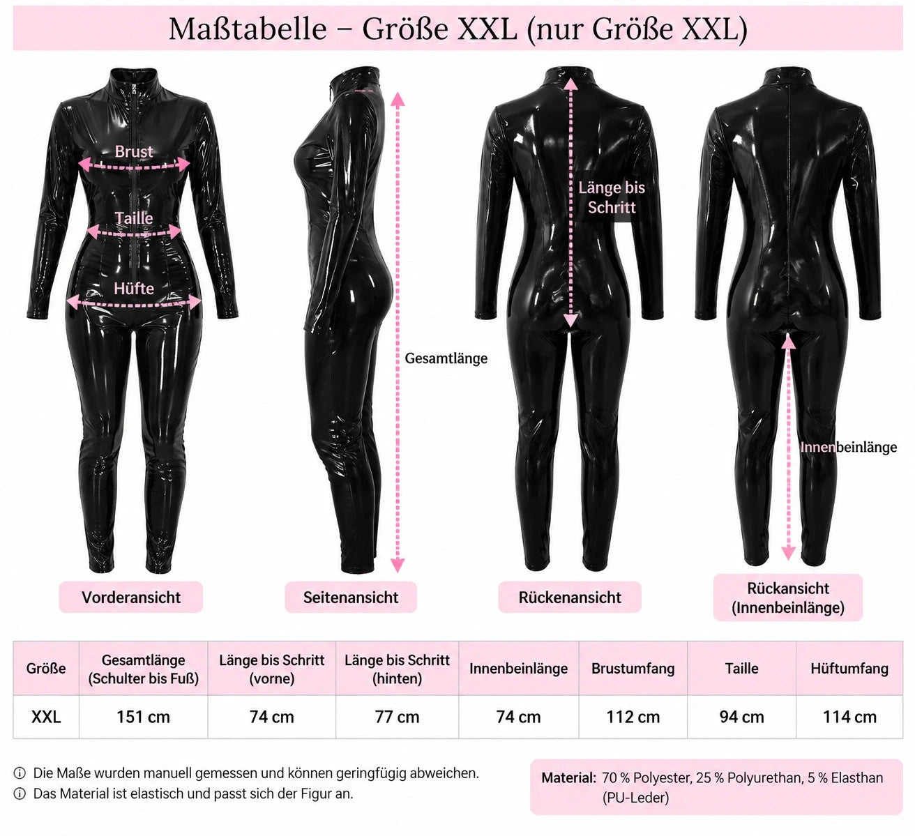 XXL black jumpsuit wetlook finish high collar zip closure long sleeves