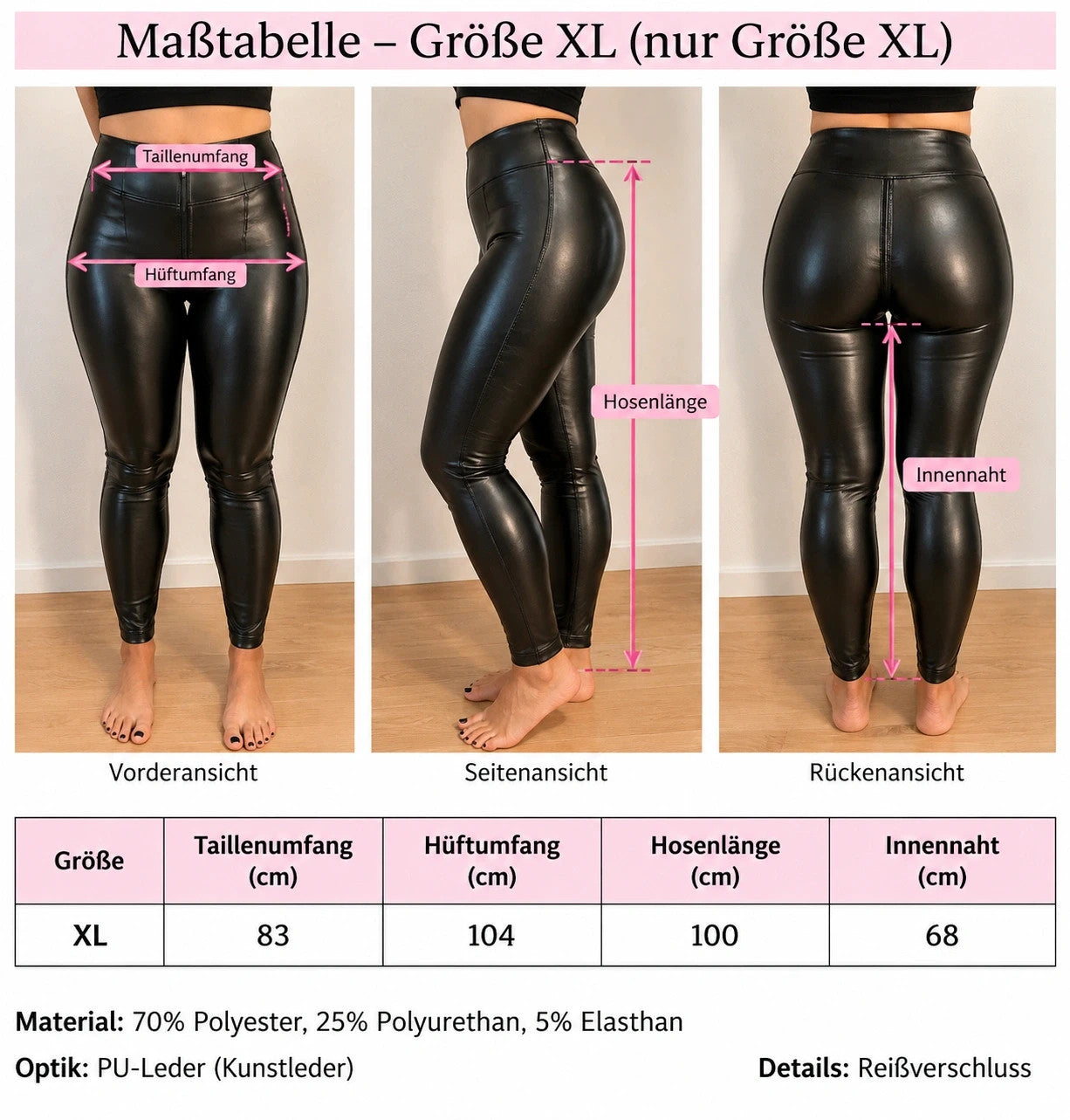 REI black leggings shiny PU leather look high-waisted with front zipper detail