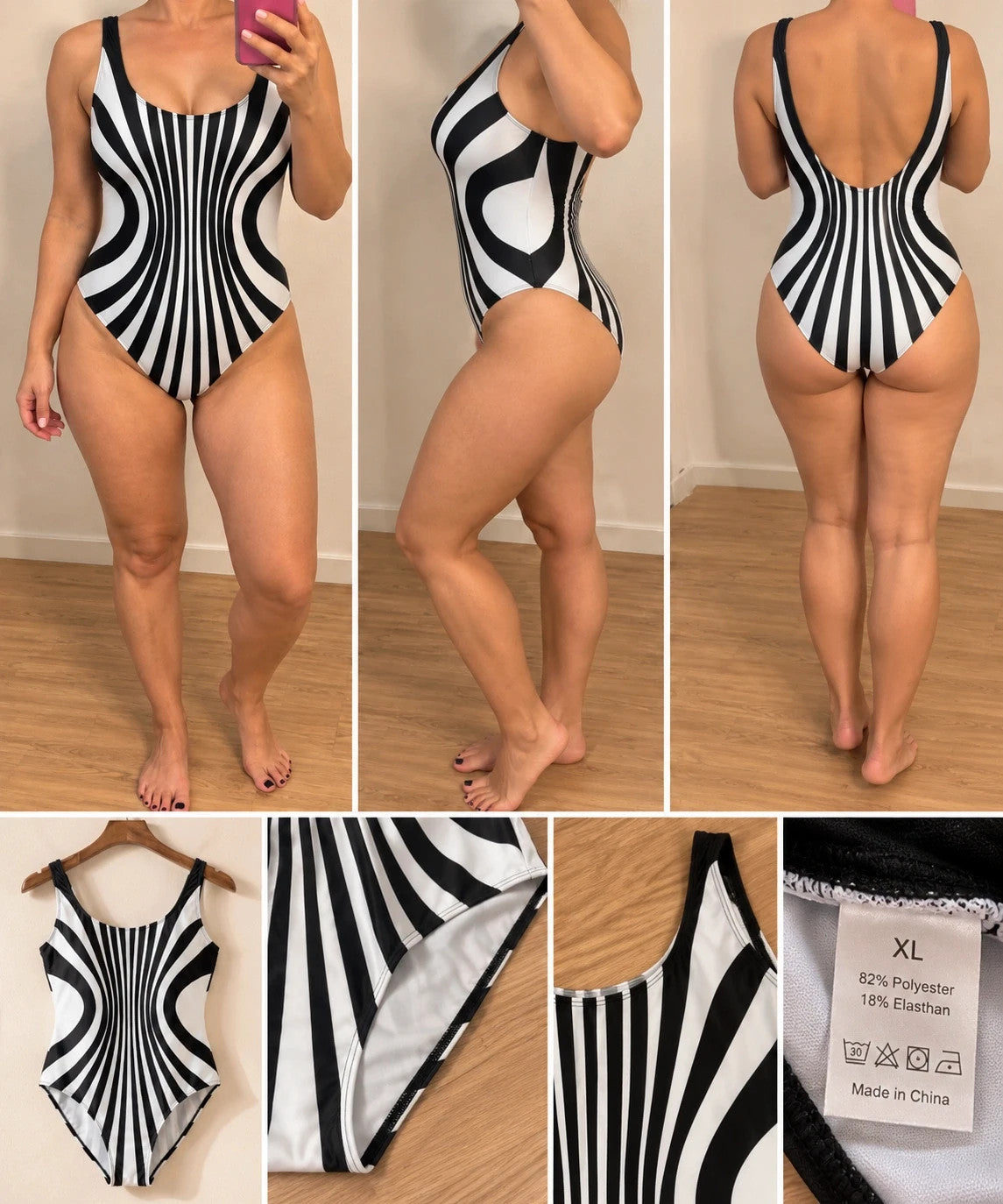XXL one-piece swimsuit black and white striped optical print with deep neckline.