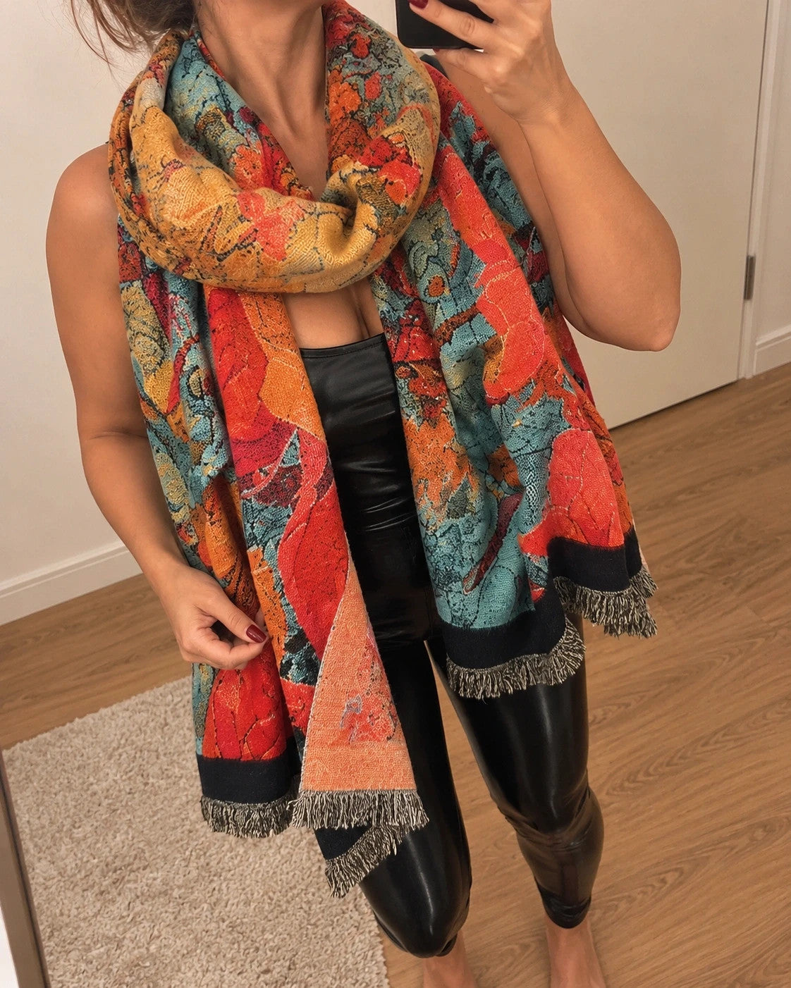 XXL multi-coloured scarf with floral jacquard pattern and fringed ends.