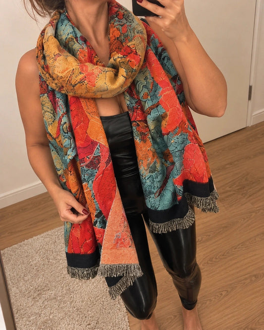 XXL multi-coloured scarf with floral jacquard pattern and fringed ends.