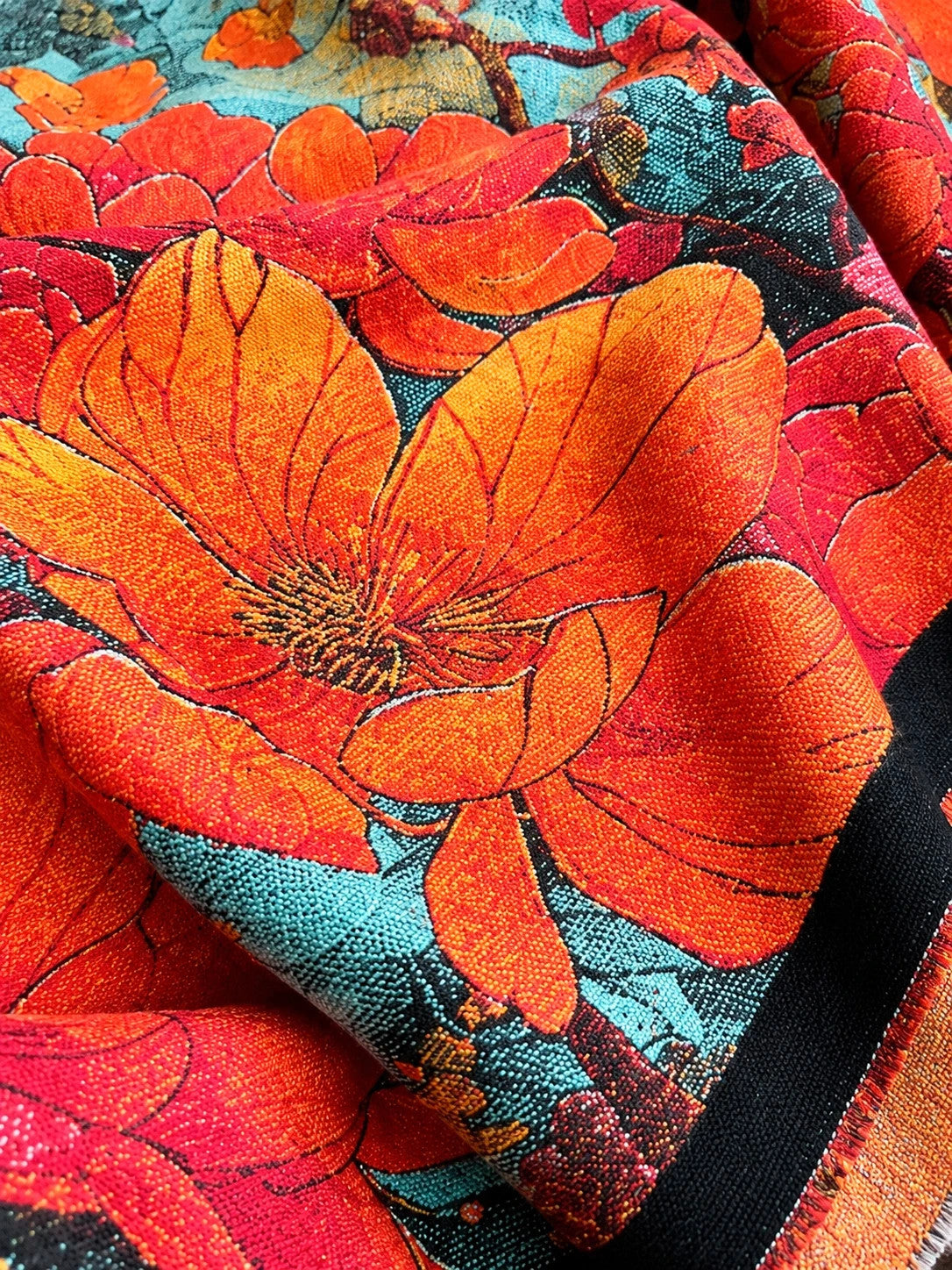 XXL multi-coloured scarf with floral jacquard pattern and fringed ends.