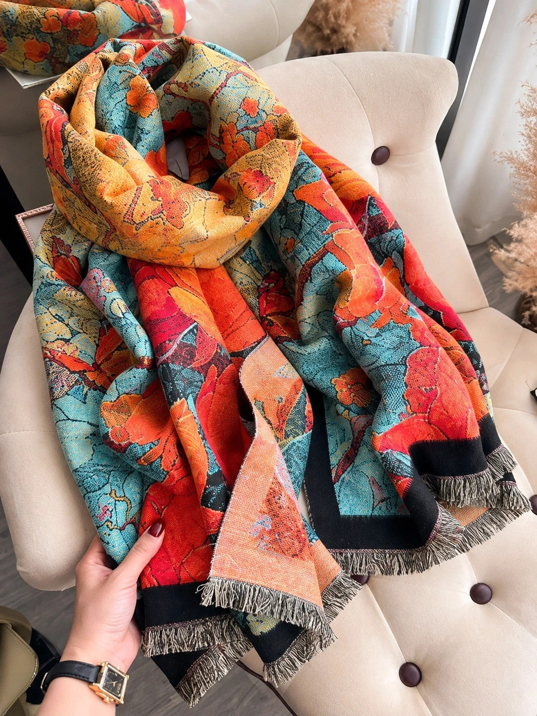 XXL multi-coloured scarf with floral jacquard pattern and fringed ends.