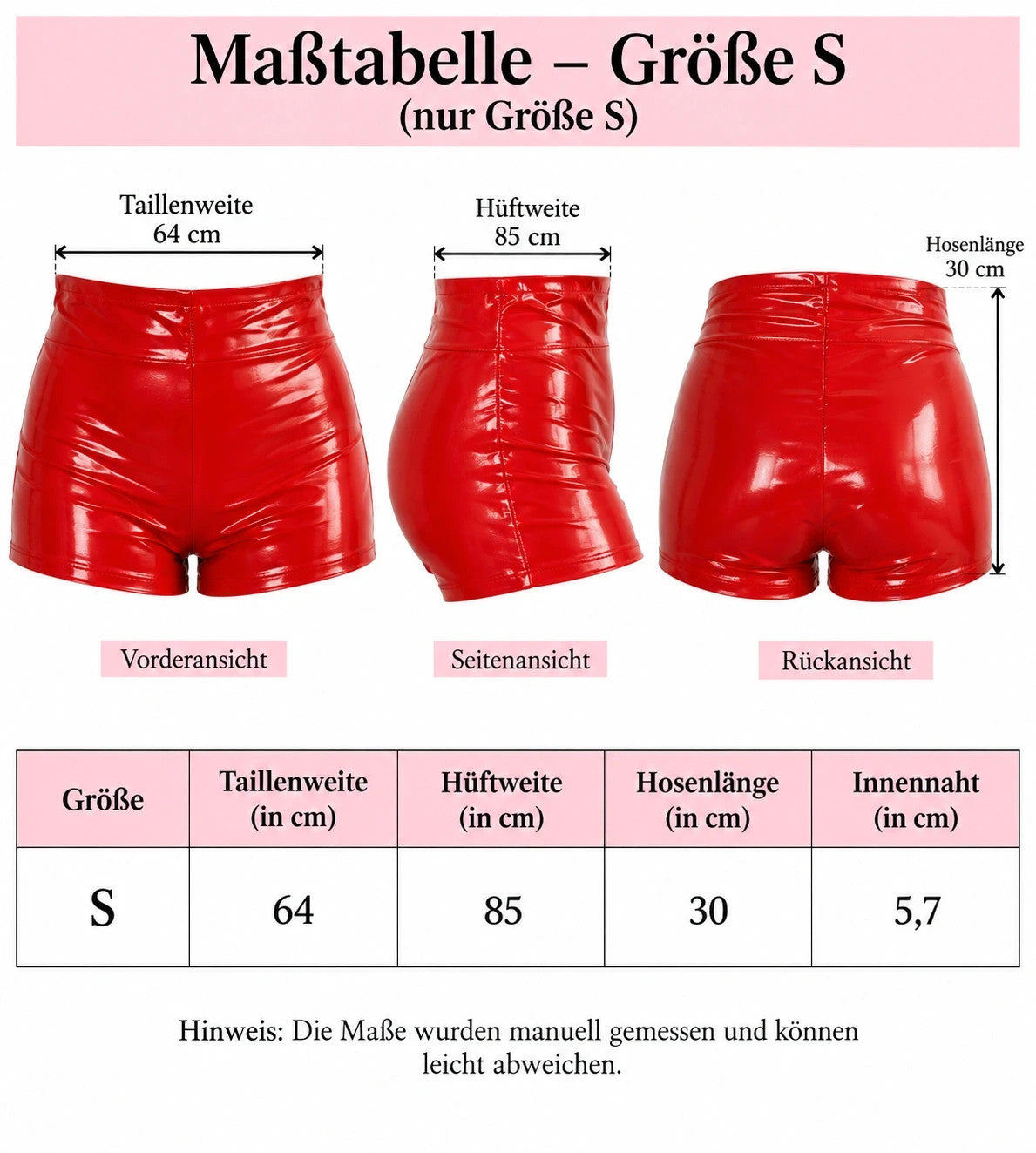 hotpants red high-waist shorts glossy wetlook finish figure-hugging design