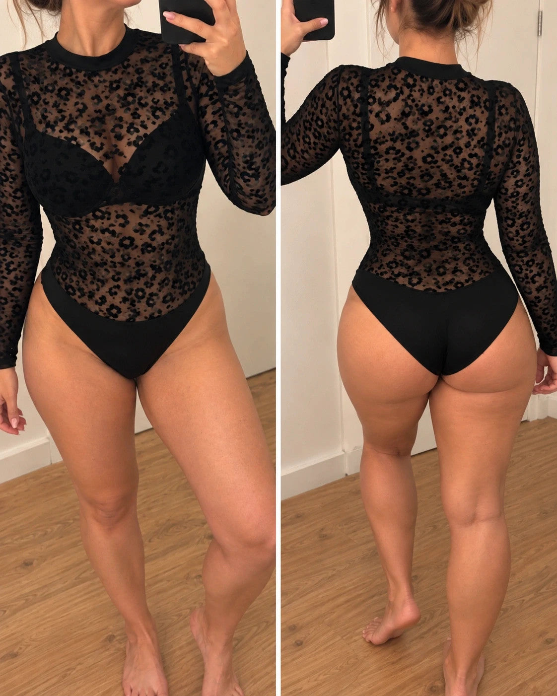 Black long-sleeve body with transparent mesh and leopard pattern, size L.