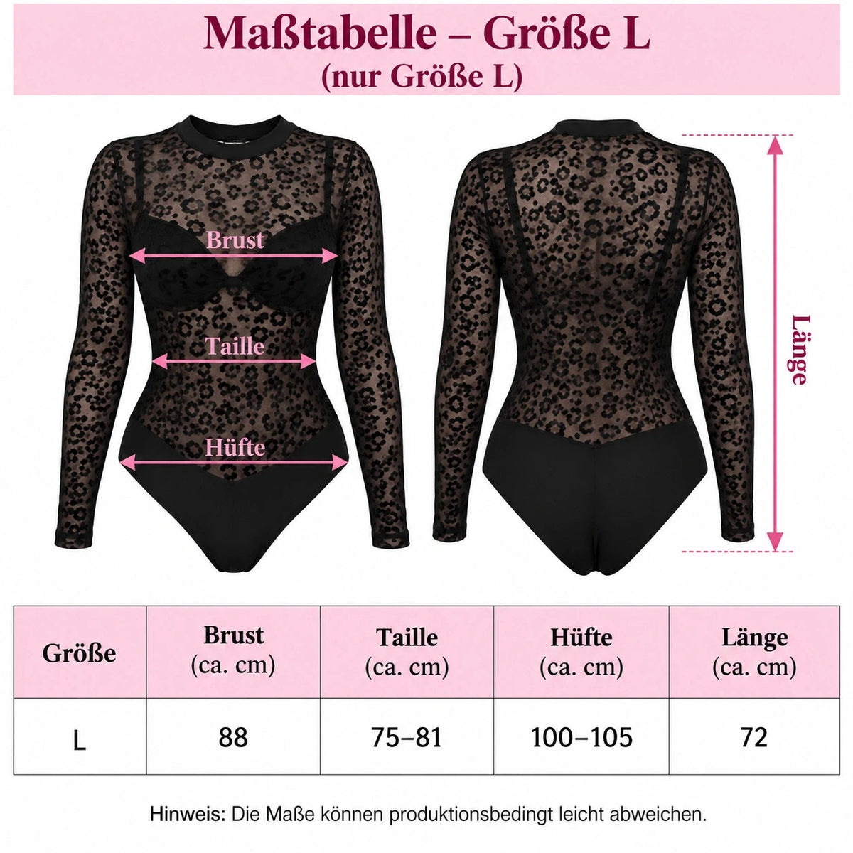 Black long-sleeve body with transparent mesh and leopard pattern, size L.