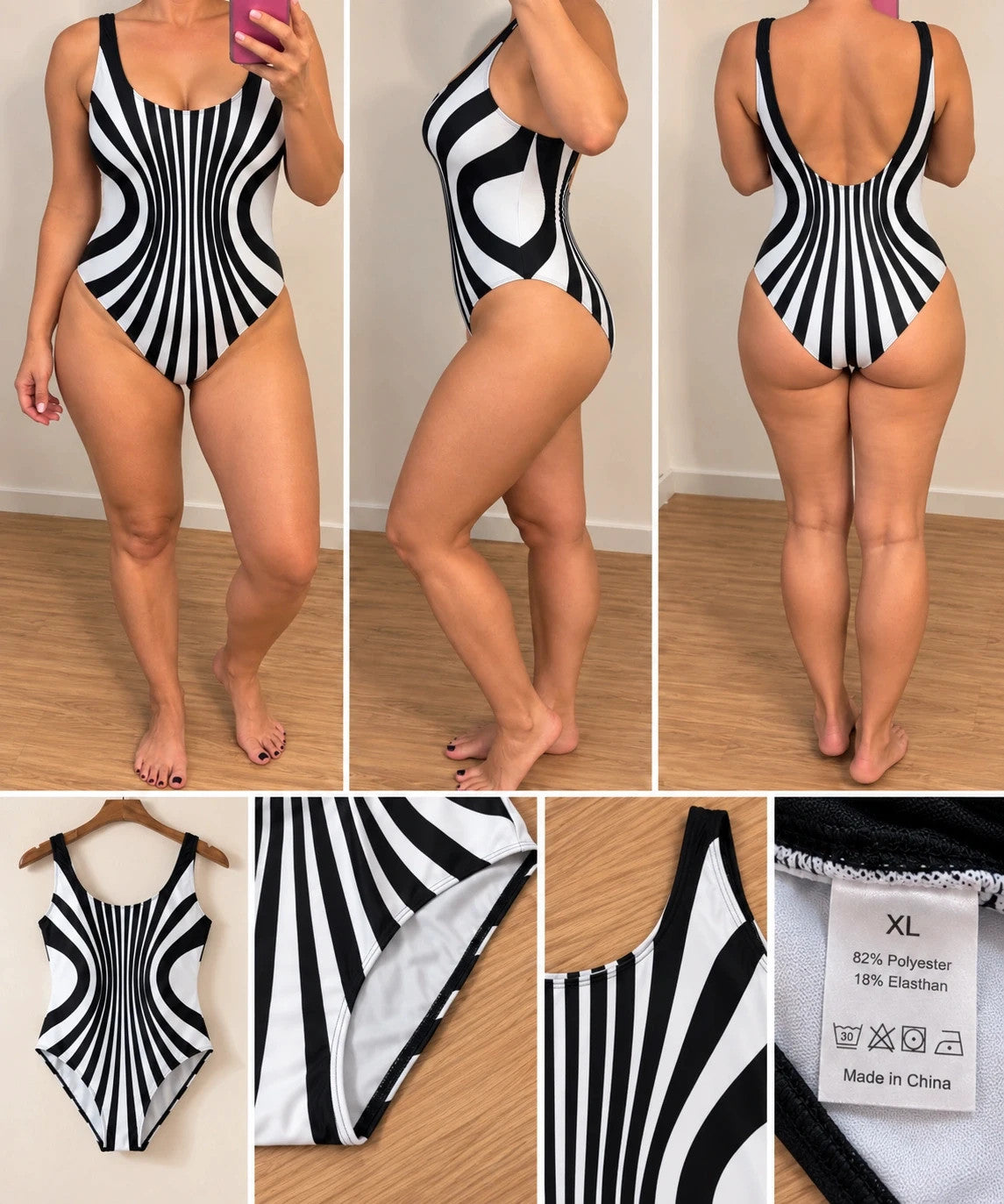 Muster one-piece swimsuit black and white with bold striped pattern and deep back cut.