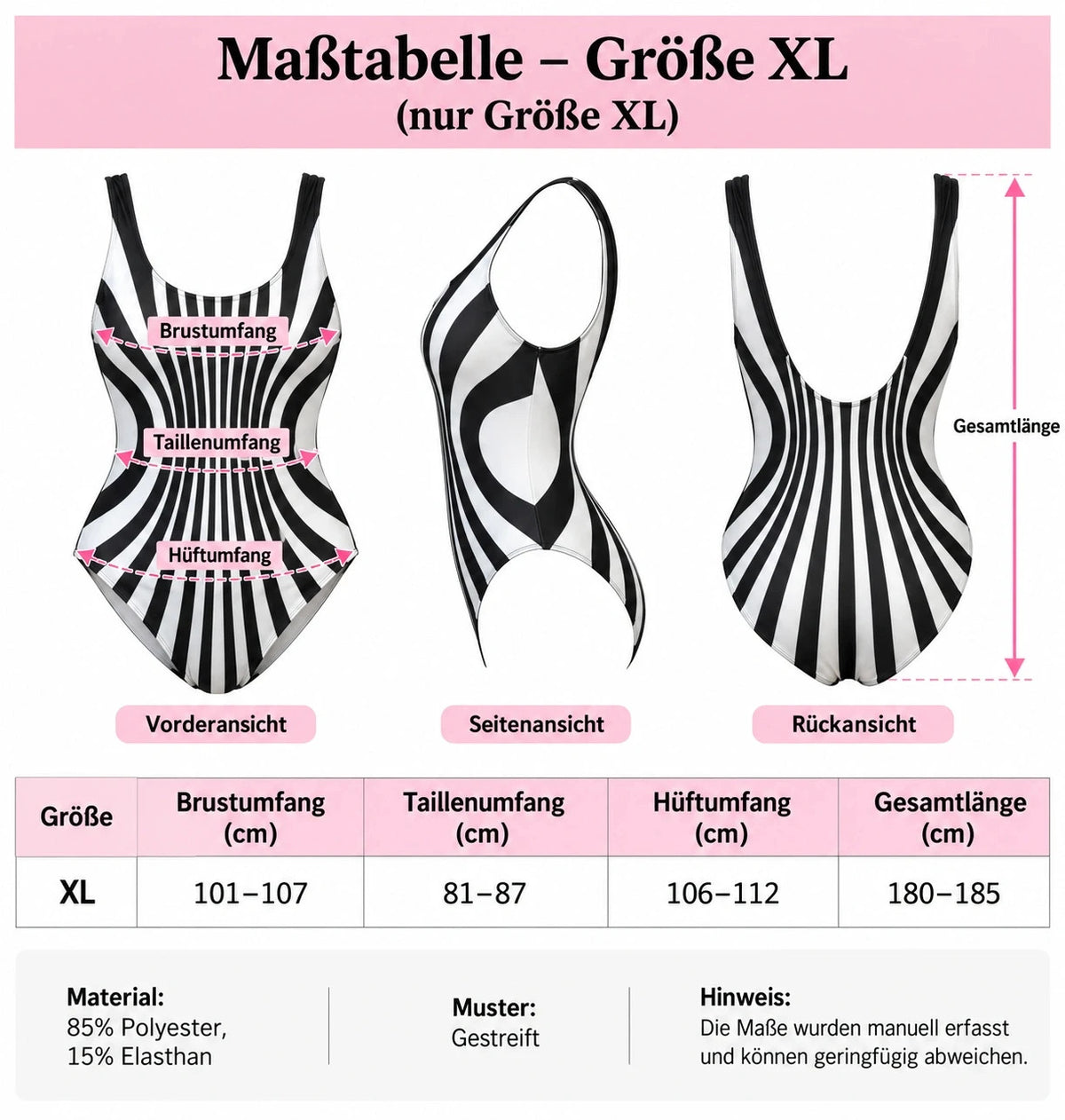 Muster one-piece swimsuit black and white with bold striped pattern and deep back cut.